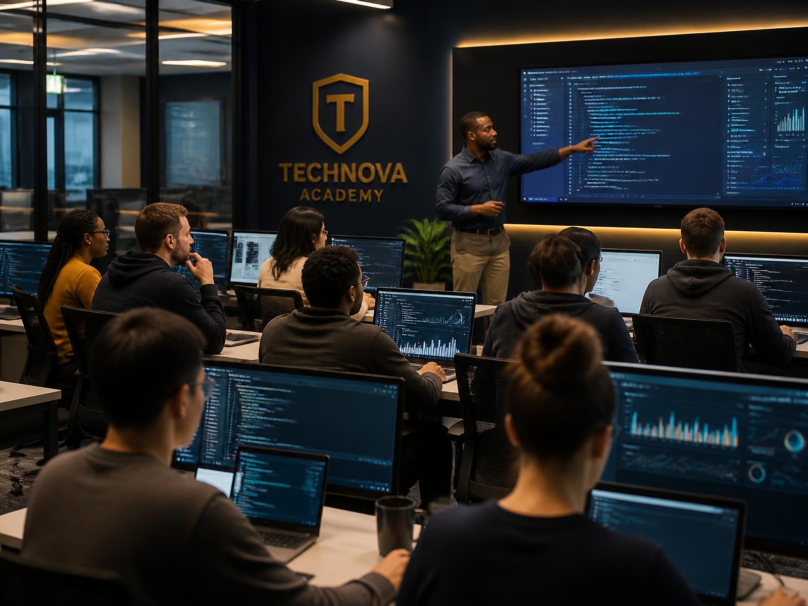 Learners in a DevOps classroom session with the instructor at the main screen